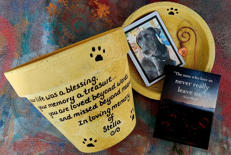 Pet sympathy gift planter personalized for dog or cat loss with memorial message
