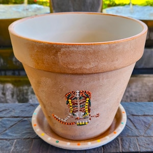 May include: A terracotta flower pot with a painted design of a colorful bird. The pot has a matching saucer with white polka dots.