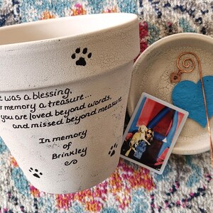 hand painted pet memorial flower pot with rainbow bridge theme
