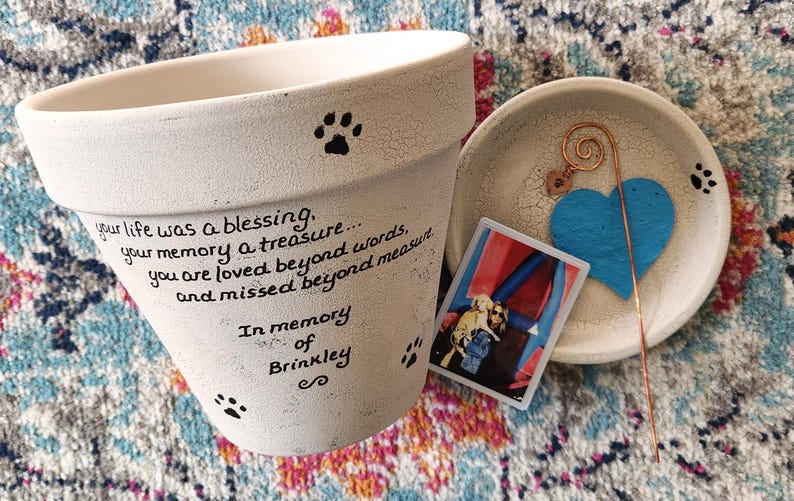 hand painted pet memorial flower pot with rainbow bridge theme
