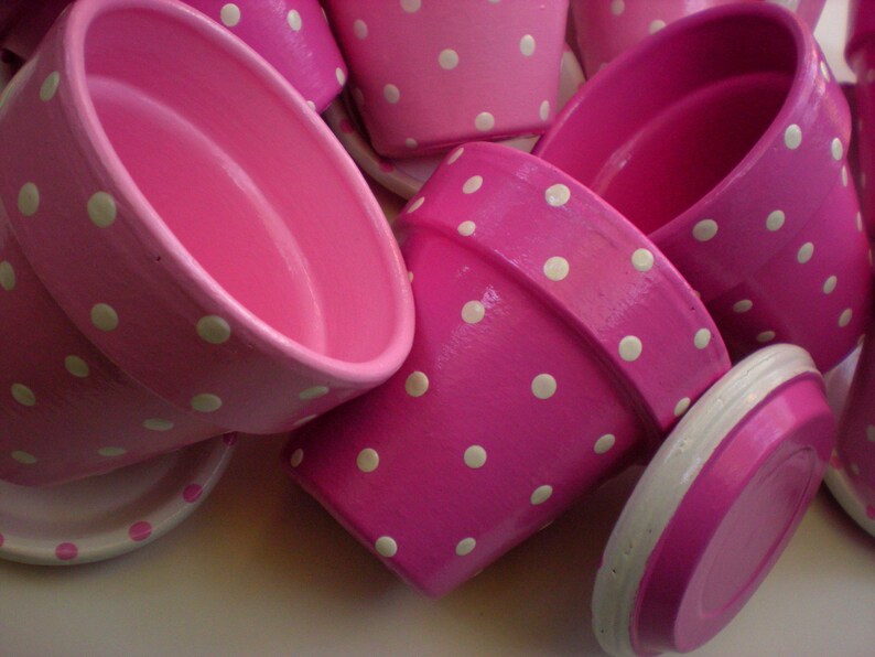 Medium painted polka dot planter in custom color combinations. Hand-painted terracotta flower pot with matching saucer, sealed for indoor or outdoor plants. Shown in hot pink and white.