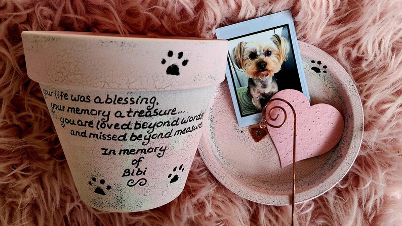 Pet sympathy gift planter personalized for dog or cat loss with memorial message