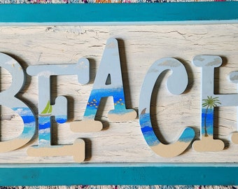 Rustic Beach Sign, Recycled Wood Sign, Beach Cottage Art, The Word Beach, Beach Sign, Ocean Theme Art, Wood Wall Sign, Wood Art Sign