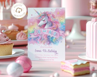 Four Ever Magical Birthday Invitation, Unicorn Birthday Invitation, Pastel Unicorn Girl 4th Birthday Digital Download Rainbow Unicorn Invite