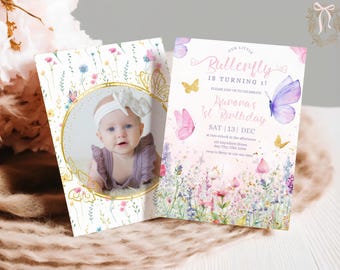 1st Butterfly Birthday Invitation, Girl Butterfly Party, Pink Purple Butterfly Party First Birthday Invitation Wildflower Butterfly Birthday
