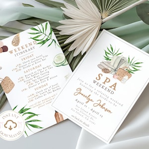 May include: A white card with gold text announcing a spa weekend honouring the bride-to-be, Gracelyn Johnson, on April 11-13 at Sea Island Resort. The card features a watercolour illustration of spa items, including towels, bathrobes, and a basket.