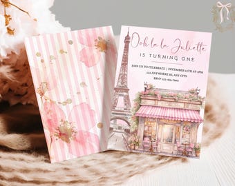 EDITABLE Paris First Birthday Invitation Template, French 1st Birthday Invitation, Girl Eiffel Tower, Parisian Cafe, Instant Download, 11