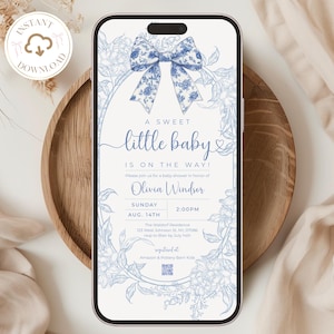 Blue Toile Baby Shower Invitation: Chinoiserie Bow, Editable Digital Invite