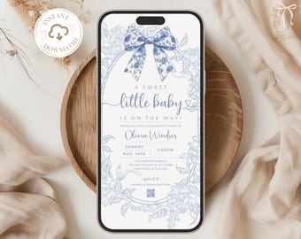 EDITIERBARE Blaue Toile-Babyparty-Einladung für Telefon, digitale Chinoiserie laden Babyparty-Jungen ein, Bogen Toile de Jouy-Babyparty-Einladung