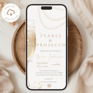 Pearls and Prosecco Bridal Shower Invitation For Phone, Pearls Prosecco Bridal Shower Invite, Prosecco Editable Bridal Shower Template, 55