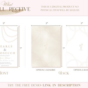 May include: A printable invitation for a Pearls & Prosecco party. The front of the invitation features a champagne flute with a pearl necklace garland. The back of the invitation has two options: a generic design with a striped pattern and a design with a pearl necklace garland and two champagne flutes.