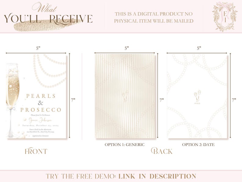 May include: A printable invitation for a Pearls & Prosecco party. The front of the invitation features a champagne flute with a pearl necklace garland. The back of the invitation has two options: a generic design with a striped pattern and a design with a pearl necklace garland and two champagne flutes.