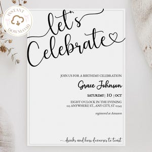 Let&#39;s Celebrate Party Invitation Editable Template, Black and White Minimalist Birthday Invitation Simple Party Invite Surprise Party Invite