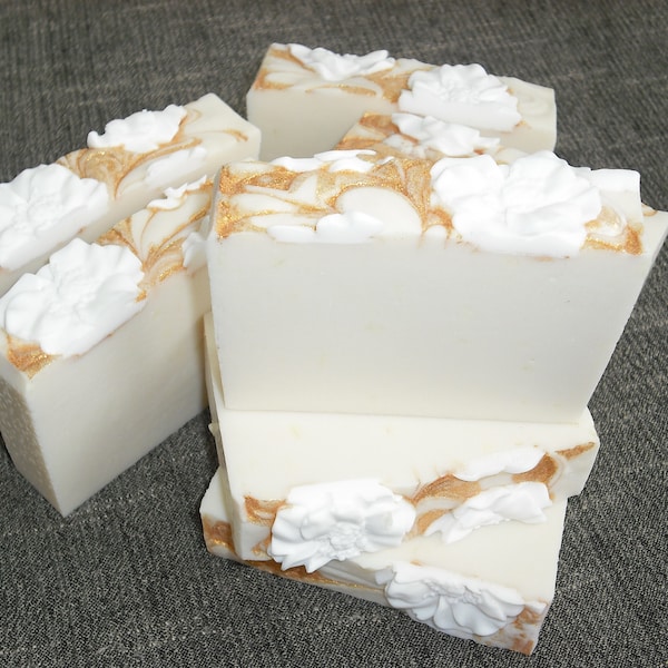 White Gardenia Soap / Nostalgic Scented Artisan Cold Process Handmade Soap with small floral soap embeds added to top