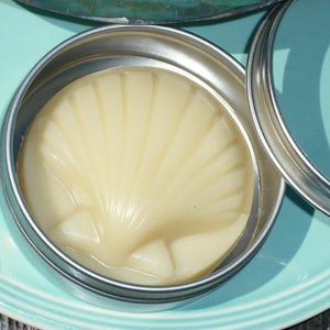 May include: A round, silver tin with a lid, containing a white, shell-shaped, solid product. The tin is sitting on a light blue surface.