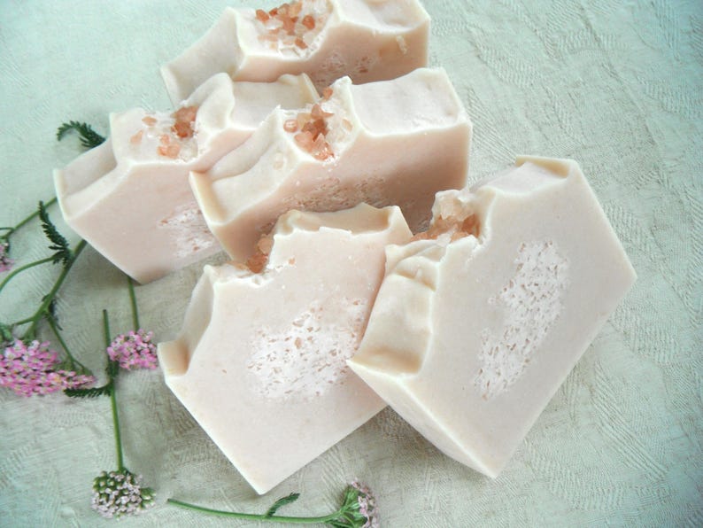 Pode incluir: V&aacute;rios sabonetes quadrados rosa claro com uma superf&iacute;cie texturizada e cristais castanhos claros embutidos. Os sabonetes s&atilde;o dispostos sobre uma superf&iacute;cie verde clara, com raminhos de folhas verdes e pequenas flores rosas.
