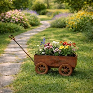 May include: A rustic, weathered metal wagon filled with a vibrant assortment of colorful flowers. The wagon has two small wheels and a long handle. The scene is set on a grassy lawn with a stone path leading into a garden.