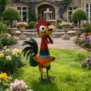 Könnte beinhalten: Eine skurrile Gartenstatue aus Metall in Form eines Hahns mit rotem Kamm, gelbem Schnabel und großen Augen. Der Hahn hat einen farbenfrohen Körper mit orangefarbenen, blauen und grünen Akzenten. Er steht auf grünem Gras in einem Garten.