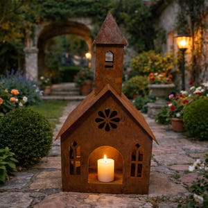 May include: A rustic, church-shaped candle lantern made of weathered metal. The lantern features a steeple, arched windows, and a flower-shaped cutout. A lit white candle glows inside, casting a warm light. The lantern is placed on a stone path in a garden setting.