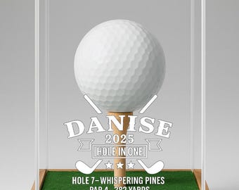 Personalized Hole in One Golf Ball Display Case with Solid Wood Base – Custom Golf Trophy Keepsake, Golf Gift for Golfer