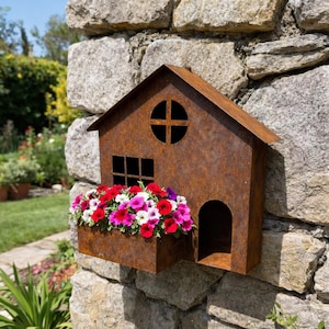 Könnte beinhalten: Ein hausförmiger Metall-Blumentopf mit rostbraunem Finish. Er hat ein Fenster, eine runde Öffnung und einen rechteckigen Blumenkasten, gefüllt mit roten, rosa und weißen Petunien. Montiert an einer Steinmauer.