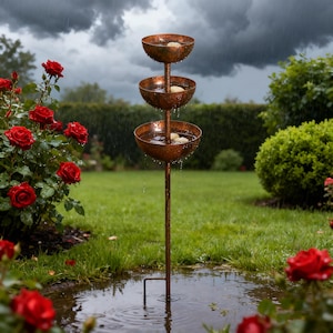 Może przedstawiać: Trzypoziomowa miedziana fontanna ogrodowa z wodą wypływającą z każdej misy. Fontanna znajduje się w ogrodzie z czerwonymi różami i zieloną trawą. Niebo jest pochmurne z deszczem.