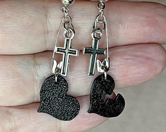 Yungblud Inspired Black Heart Earrings, Safety Pin Cross Dangles, Alt Emo Goth Jewellery, Punk Statement Earrings. Bludfest Idols