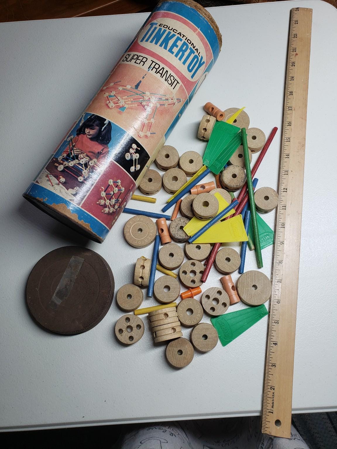 Vintage Tinkertoy Canister Set – No. 146 & Super Transit – Wooden