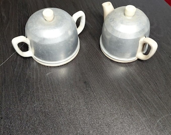 Rare Vintage Ceramic Creamer & Sugar  Set with Aluminum Dome Covers – Mid Century Tableware