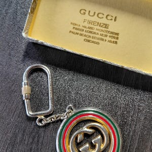 RARE Vintage Gucci Firenze Keychain SILVER tone– Interlocking GG Logo with Enamel Rings (green, red, amber) Original Box – 1970s/80s