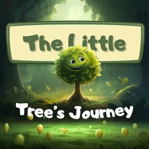 Puede incluir: Escena ilustrada con un personaje de árbol sonriente en un entorno forestal. El texto "The Little Tree's Journey" se muestra arriba y abajo del árbol. El fondo presenta un bosque oscuro y exuberante con lluvia.