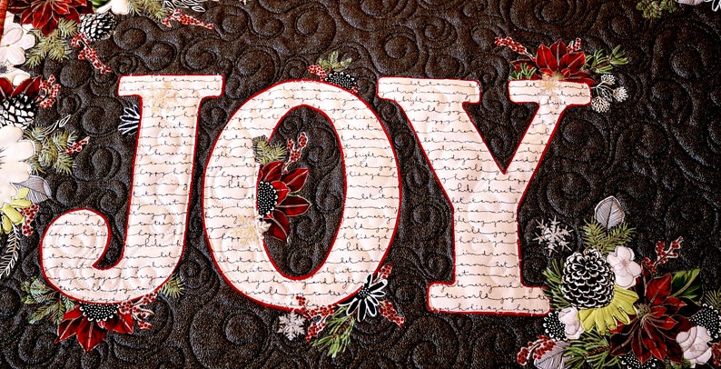 PDF Digital download for Quilt Pattern for LETTERS of JOY Table Runner Holiday Christmas Poinsettia Home Decor Black Red White Pine Berries