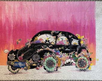 ORIGINAL Design Lady Love Bug Collage Quilt Black Car Floral pastel