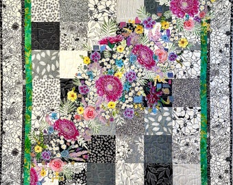 FABRIC KIT for Spring Meadow Lap or Wall Quilt Zinnias Roses flower garden on Black and White Patchwork