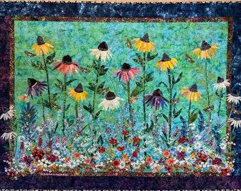 FABRIC KIT for Large Project Fresh As A Daisy Quilted Wall Hanging fusible raw-edge applique Black Eyed Susan flower garden