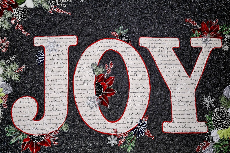 PDF Digital download for Quilt Pattern for LETTERS of JOY Table Runner Holiday Christmas Poinsettia Home Decor Black Red White Pine Berries