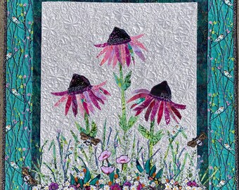 FABRIC KIT for Fresh as A Daisy Wall Quilt Pink Petal Daisies Aqua Teal Background—Medium Project Black Eyed Susan flower garden