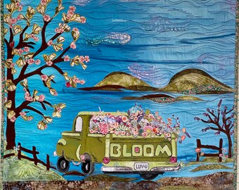 PICK ME UP Blooms Quilted Floral Collage Wall hanging Spring Flowers Market Green Vintage Farm Truck Lake Blue Sky