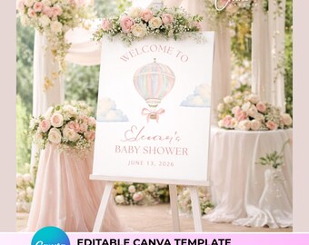 Babyparty-Willkommensschild Vintage Heißluftballon-Vorlage, bearbeitbares Canva-Schild, 18 x 24 Zoll digitaler Download