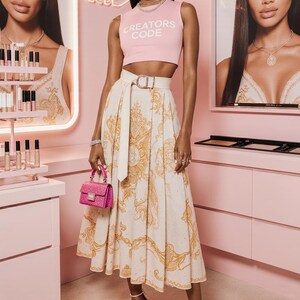 May include: A woman in a pink crop top with "CREATORS CODE" text, paired with a cream-colored skirt featuring a gold baroque pattern. She holds a pink purse and wears nude heels. The background is a pink room with a mirror and makeup display.