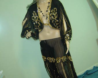 Harem girl Jeannie Costume vest black pants gold sequin trim womens 14 Halloween