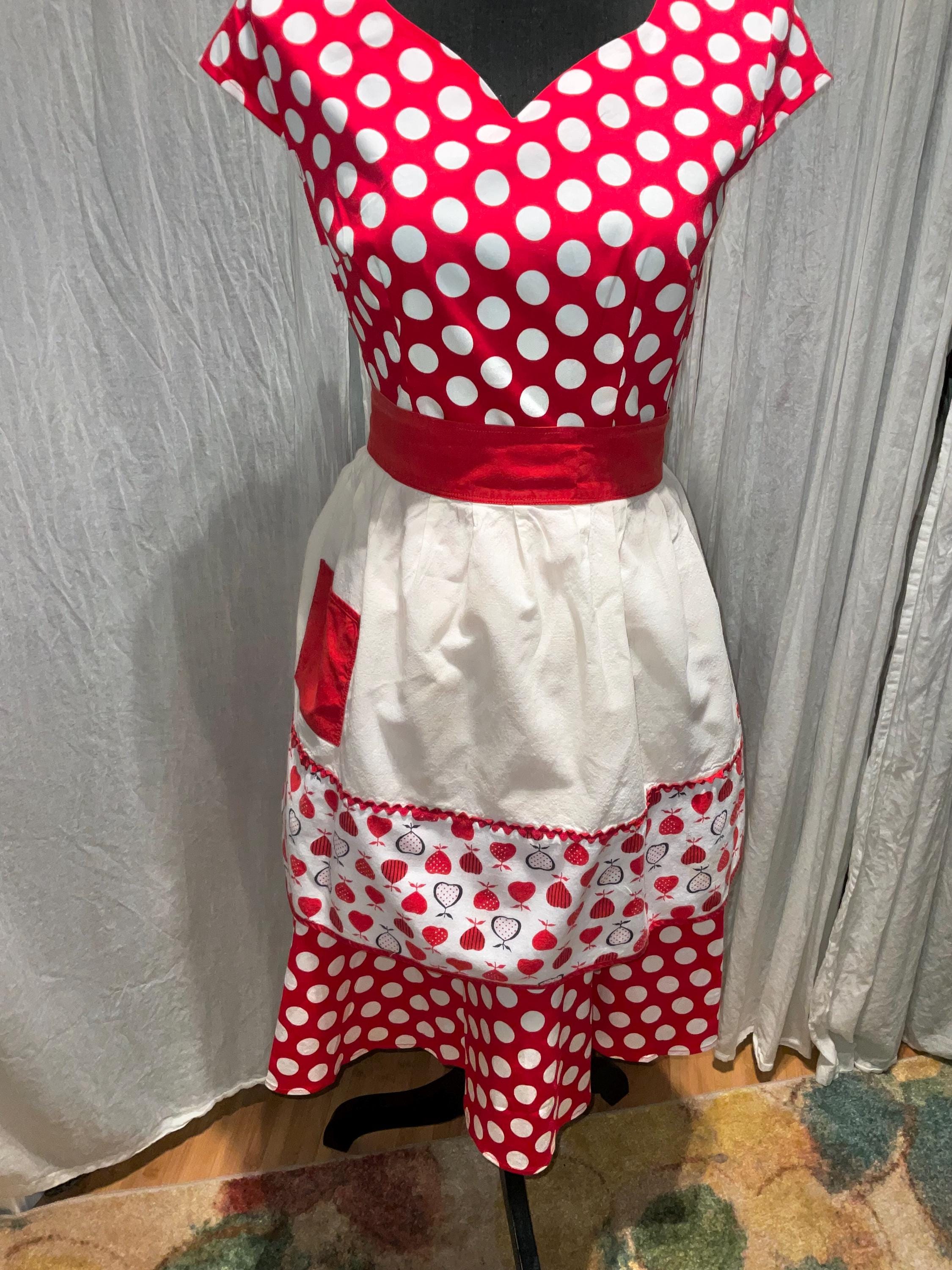 Costume Retro Housewife Dresses Adult 1950s Housewife Dress Costume Red  White Dots Retro Old Look Stage