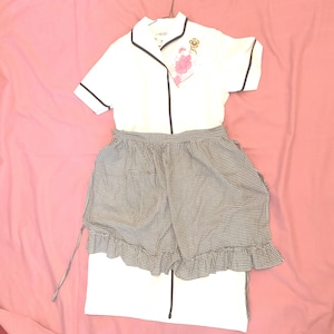 Diner waitress 50-60s Flo Alice white shirt dress uniform check apron hanky pin women’s sz. L