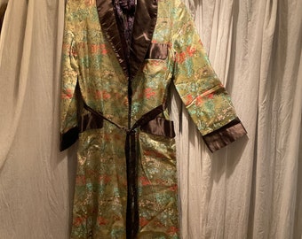 Vintage men's beige Chinese print smoking jacket robe dressing gown scarf sz M Millionaire playboy  Halloween costume cosplay OOAK