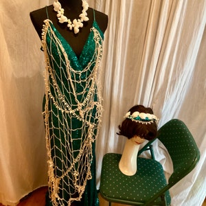 SEA NYMPH Mermaid dress womens size 10? 12 ? one of a kind  Halloween costume green sequin shell fantasy ocean Goddess sexy Upcycled