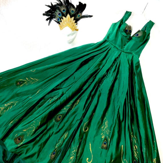peacock green dress for women Costume Gown Womens Size 8 ? Dress Feathers Hand Painted peacock green color