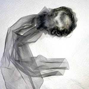 May include: An abstract artwork featuring a draped, flowing form in shades of gray. The piece appears to be made of sheer fabric, with intricate details at the top, possibly suggesting a head or headdress. The background is a textured white surface.