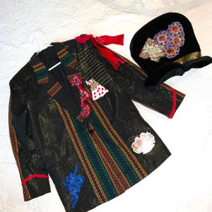 Mad Hatter Mens Costume  mens size Medium fantasy unique black plaid jacket HAT Alice in Wonderland storybook hand painted Upcycled
