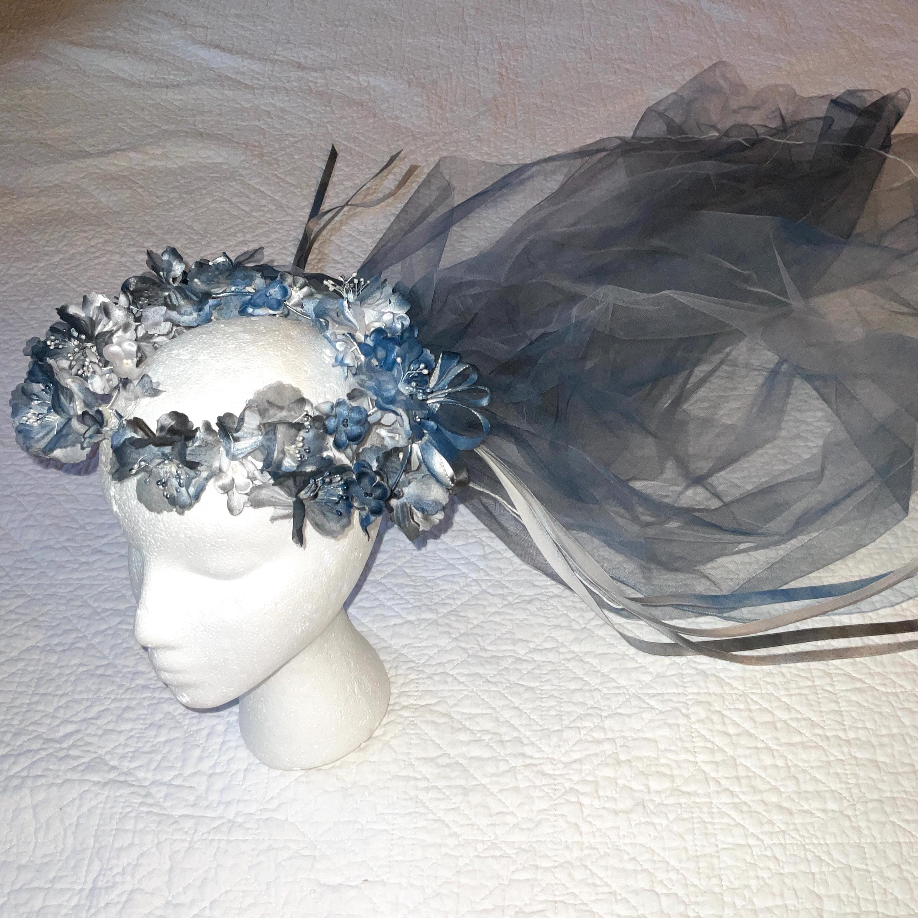 Corpse Bride Wedding Veil: Recycled 90s Floral Crown, Blue  display picture 2