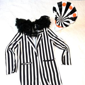 Beetlejuice Ringmaster Costume: Upcycled Striped Jacket, Crazy Hat - Size XL/2XL